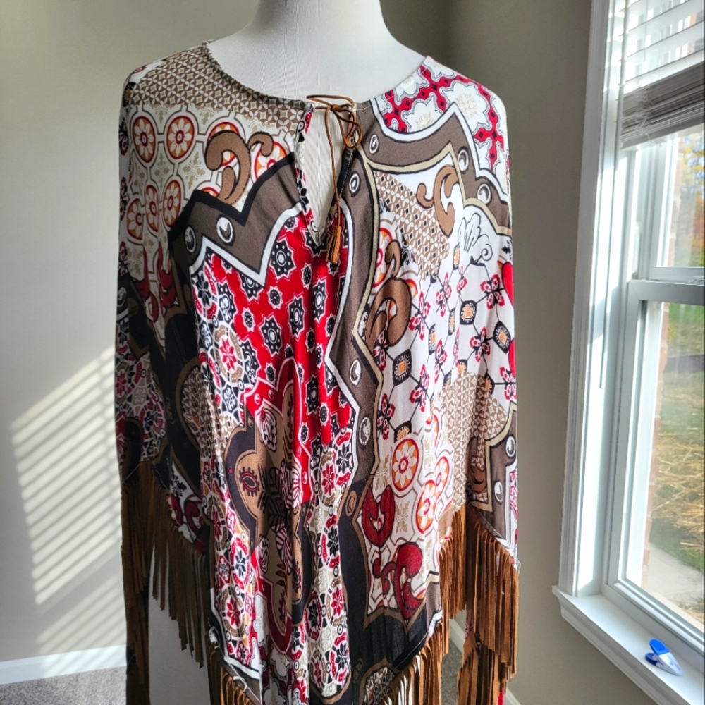 Chico’s Multi-Color/Multi-Patten Poncho/Top with Fringe Detail (One Size)